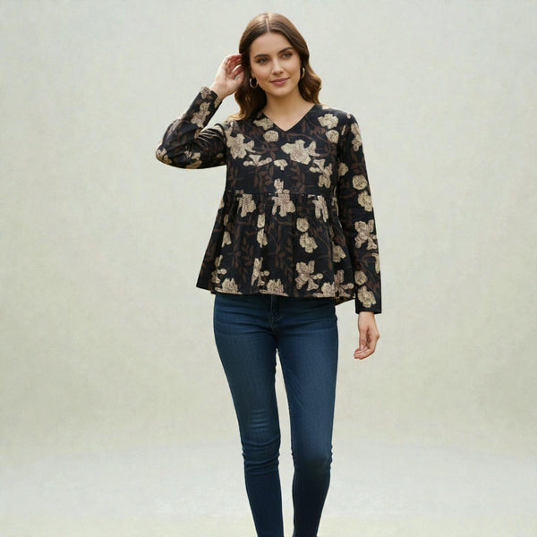Elegant Floral Pattern Soft Cotton Ethnic Fusion Full Sleeves Top RM8-2