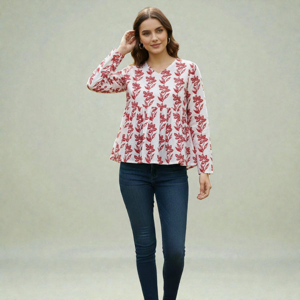 New Design Office Wear Long Sleeve Cottan Print Top RM8-6