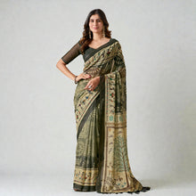 Traditional Tribal Warli Inspired Digital Printed Design With Olive Green Earthy Tones Soft Georgette Saree AB-9
