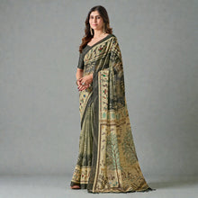 Traditional Tribal Warli Inspired Digital Printed Design With Olive Green Earthy Tones Soft Georgette Saree AB-9