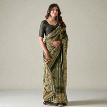 Traditional Tribal Warli Inspired Digital Printed Design With Olive Green Earthy Tones Soft Georgette Saree AB-9