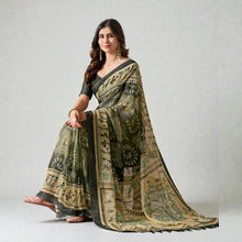 Traditional Tribal Warli Inspired Digital Printed Design With Olive Green Earthy Tones Soft Georgette Saree AB-9