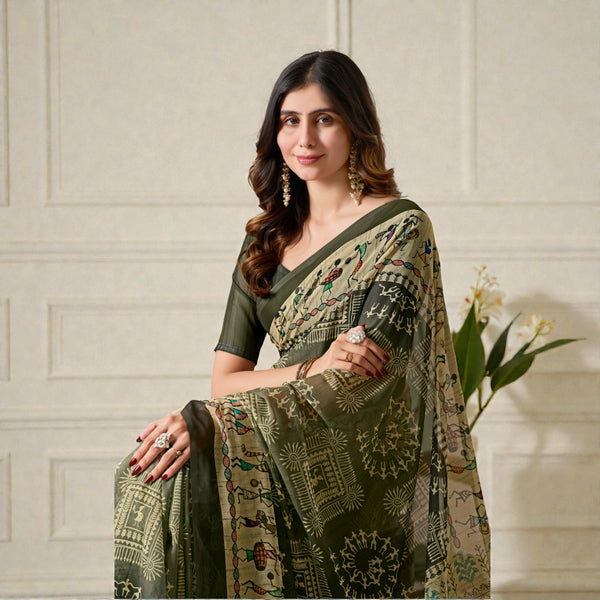Traditional Tribal Warli Inspired Digital Printed Design With Olive Green Earthy Tones Soft Georgette Saree AB-9