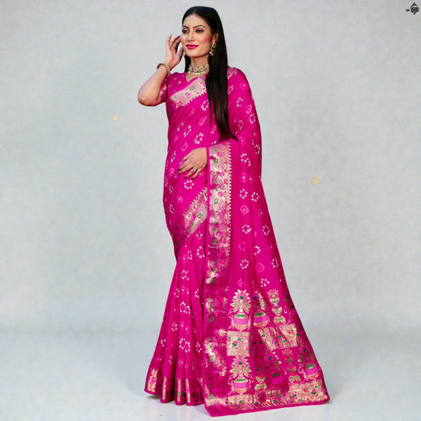 Designer Bandhej Silk with Paithani Style Zari Border  Royal Maharashtrian & Rajasthani Fusion Look Saree VE-001