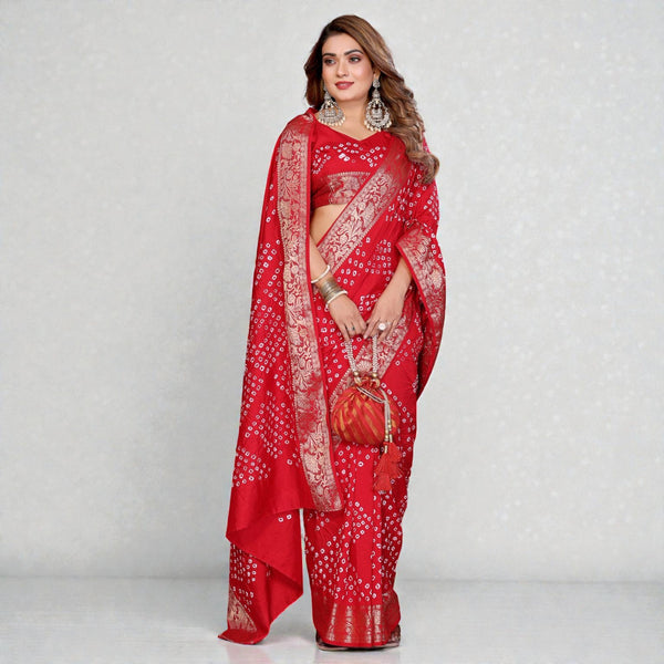 Women's Pure Dola Silk Saree with Handmade Bandhej Elegant Wedding Wear Saree VE-02