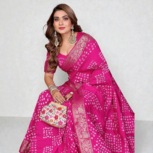 Women's Pure Dola Silk Saree with Handmade Bandhej Elegant Wedding Wear Saree VE-02