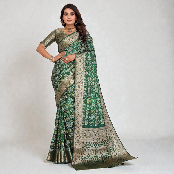 Traditional Bandhej Print with All over Zari Weaving BorderParty Wear Satin Silk Saree VE-03