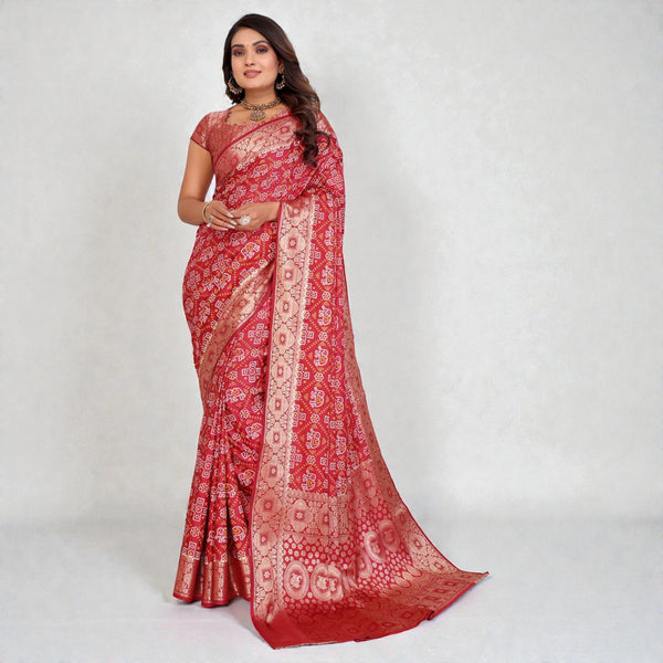 Traditional Bandhej Print with All over Zari Weaving BorderParty Wear Satin Silk Saree VE-03