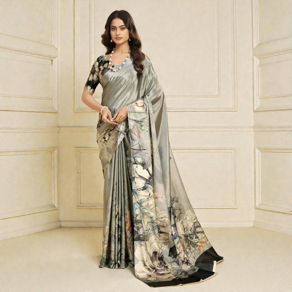 Digital Floral Print Malai Crepe Saree Premium Soft Silk Flowy Drape Elegant Cocktail & Evening Party Wear Saree AB-18
