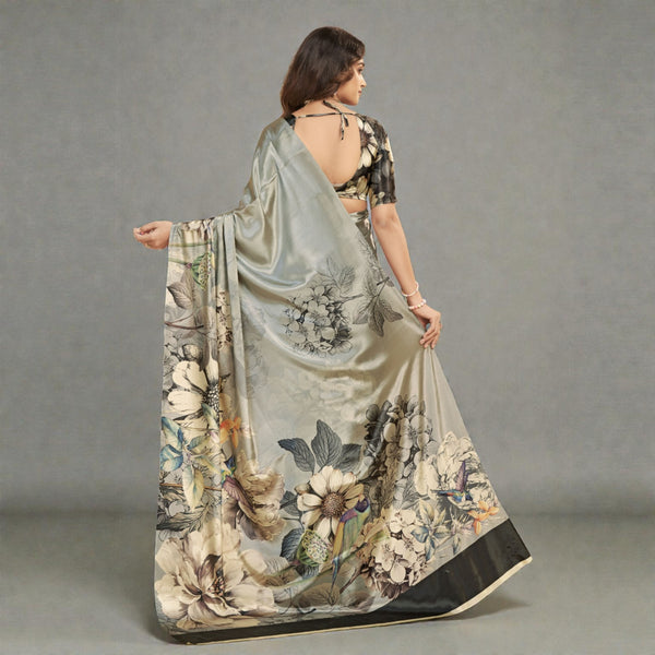 Digital Floral Print Malai Crepe Saree Premium Soft Silk Flowy Drape Elegant Cocktail & Evening Party Wear Saree AB-18