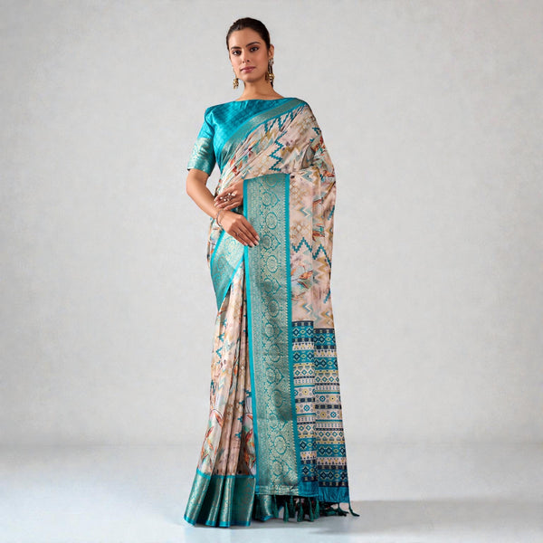 Lichi Silk Saree featuring an Exquisite Combination of Modern Digital Print and Rich Traditional Zari Woven Border AB-16