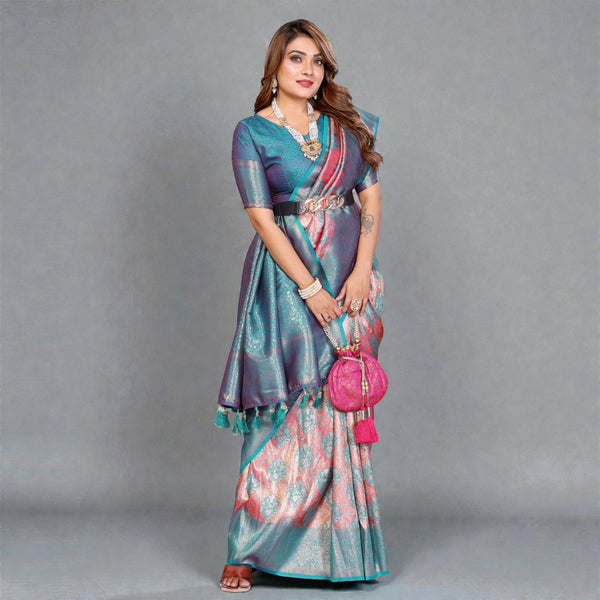 Pure Banarasi Tissue Silk Rich Paithani Border & Pallu Gold Weaving Butties Premium Contrast Bridal Saree VE-11