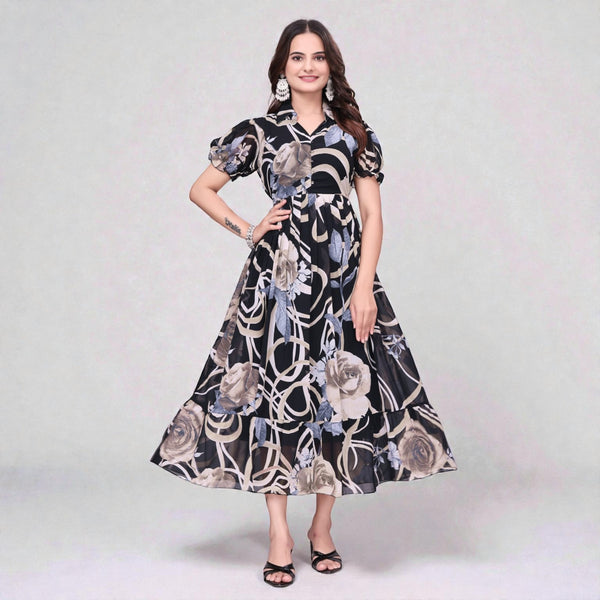 Premium Georgette Long Maxi Dress for Women Elegant Floral Print Anarkali Style Evening Gown RM-10