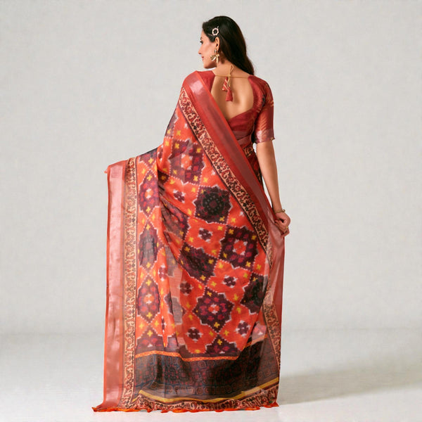 Premium Linen Cotton Saree Rich Ikat Digital Print with Elegant Patola Style Border Soft & Breathable Ethnic Wear for Women AB-15