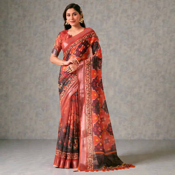 Premium Linen Cotton Saree Rich Ikat Digital Print with Elegant Patola Style Border Soft & Breathable Ethnic Wear for Women AB-15