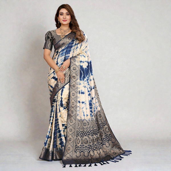 Pure Sibori Soft Satin Silk Saree | Original Shibori Tie-Dye with Rich Zari Weaving Border Big Broad Border Designer Saree Elegant Party Wear Collection VE-12