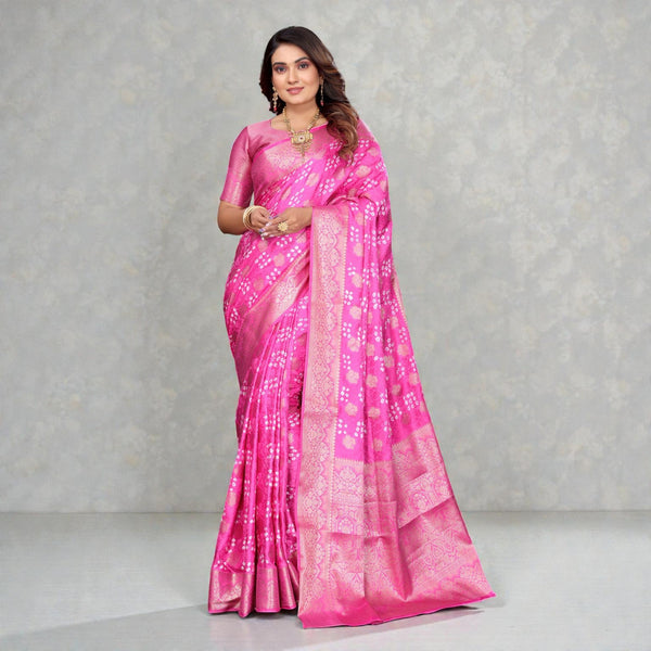 Pure Handmade Bandhej Silk Saree Original Rajasthani Bandhani with Zari Weaving Butta Rich Pallu & Big Broad Border Luxury Traditional Wedding Wear VE-14