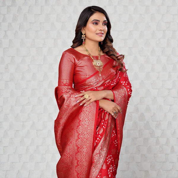 Pure Handmade Bandhej Silk Saree Original Rajasthani Bandhani with Zari Weaving Butta Rich Pallu & Big Broad Border Luxury Traditional Wedding Wear VE-14