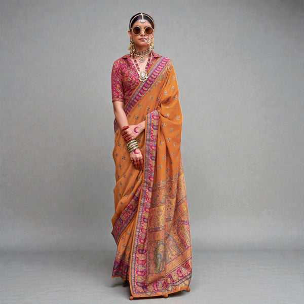 Premium Silk Blend Saree for Women Elegant Rich Zari Border & Woven Butti Work Traditional Wedding & Festive Wear AB-19