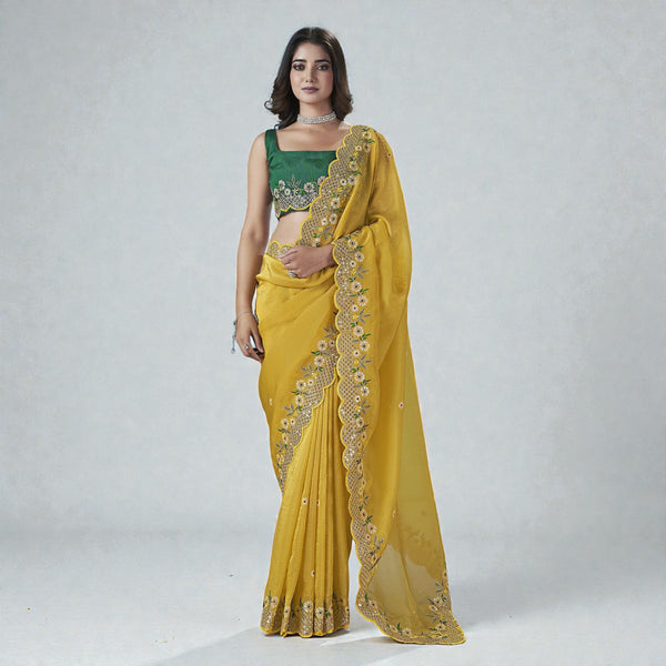 Designer Gold Crunchy Floral Saree Malti Thread & Sequence Work Glamorous Bridal Guest Wear RV-1