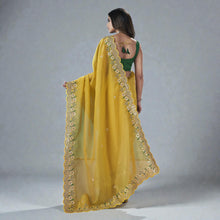 Designer Gold Crunchy Floral Saree Malti Thread & Sequence Work Glamorous Bridal Guest Wear RV-1