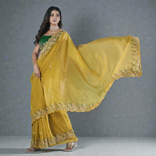 Designer Gold Crunchy Floral Saree Malti Thread & Sequence Work Glamorous Bridal Guest Wear RV-1