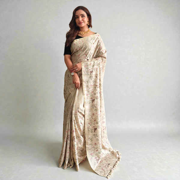 Pure Loom Tussar Silk Saree with All-Over Designer Embroidery & Gold Zari Border TS-08