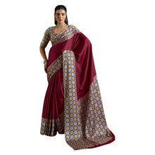 Pure Ajrakh Modal Satin Saree Hand Block Printed Traditional Motifs with Rich Zari Border AB-53