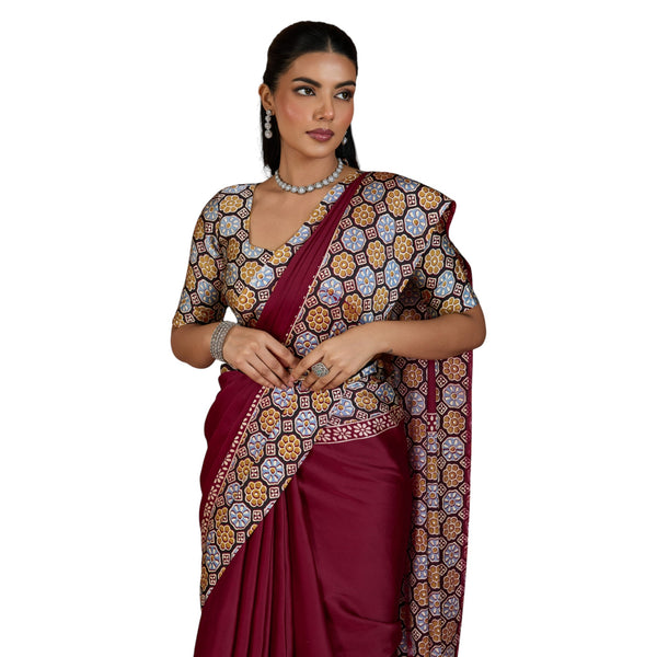Pure Ajrakh Modal Satin Saree Hand Block Printed Traditional Motifs with Rich Zari Border AB-53