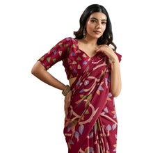 Pure Ajrakh Hand-Printed Modal Satin Fabric Traditional Earthy Motifs & Silky Drape Saree AB-62