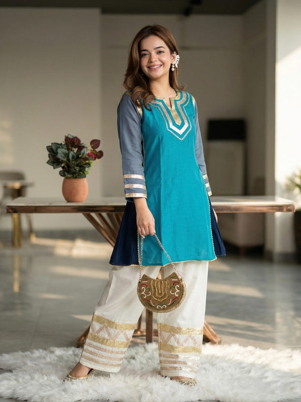 Women's Designer 2-Piece Suit Set | Heavy Chanderi Silk Top & Premium Crape Pants | Elegant Ethnic Tunic & Trouser Set for Weddings & Parties