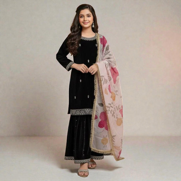 Viscose Soft Velvet Ethnic Wear Top & Sharara Pair with Net Dupatta for Kids OC-2