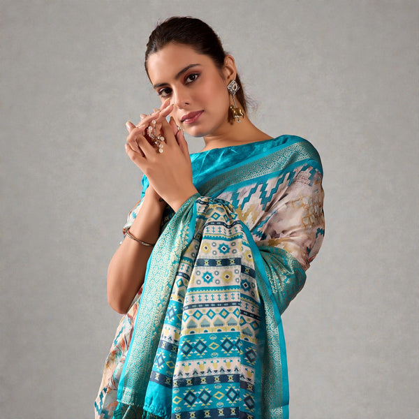 Lichi Silk Saree featuring an Exquisite Combination of Modern Digital Print and Rich Traditional Zari Woven Border AB-16