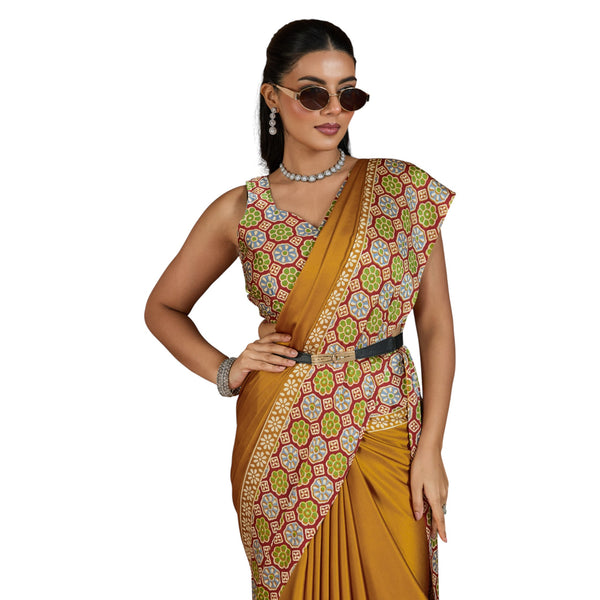 Pure Ajrakh Modal Satin Saree Hand Block Printed Traditional Motifs with Rich Zari Border AB-53