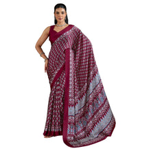 Artisan-Crafted Pure Ajrakh Modal Satin Fabric Saree Traditional Hand-Block Print in Earthy Tones AB-65