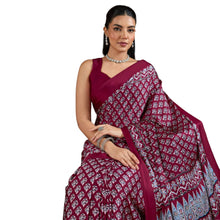 Artisan-Crafted Pure Ajrakh Modal Satin Fabric Saree Traditional Hand-Block Print in Earthy Tones AB-65