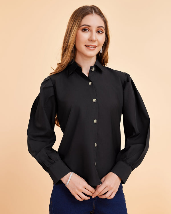 Women’s Premium Crepe Shirt with Statement Balloon Sleeves | Solid Stylish Top for Girls